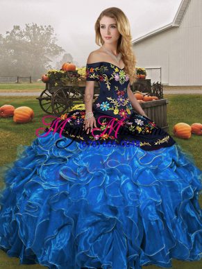 Blue And Black Sleeveless Embroidery and Ruffles Floor Length Sweet 16 Quinceanera Dress