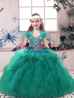 Turquoise Ball Gowns Straps Sleeveless Tulle Floor Length Side Zipper Beading Kids Pageant Dress
