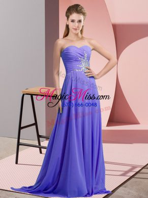 Lavender Empire Halter Top Sleeveless Chiffon Floor Length Lace Up Beading and Ruching Prom Gown