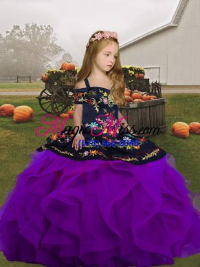 Purple Sleeveless Embroidery and Ruffles Floor Length Pageant Dress