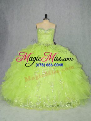 Ideal Yellow Green Lace Up Ball Gown Prom Dress Beading and Ruffles Sleeveless Floor Length