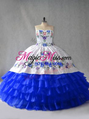 Luxury Royal Blue Organza Lace Up Quinceanera Dresses Sleeveless Embroidery and Ruffled Layers