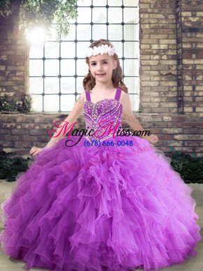 Straps Sleeveless Tulle Kids Pageant Dress Beading and Ruching Lace Up