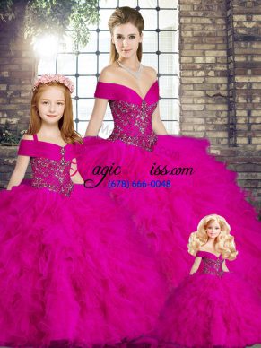 Fantastic Fuchsia Ball Gowns Tulle Off The Shoulder Sleeveless Beading and Ruffles Floor Length Lace Up 15 Quinceanera Dress