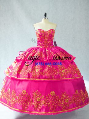 Hot Pink Ball Gowns Embroidery and Ruffled Layers Quince Ball Gowns Lace Up Organza Sleeveless