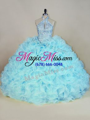 Sleeveless Fabric With Rolling Flowers Brush Train Lace Up Sweet 16 Quinceanera Dress in Aqua Blue with Beading and Ruffles