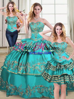Custom Design Aqua Blue Sleeveless Floor Length Embroidery and Ruffled Layers Lace Up Quinceanera Dresses