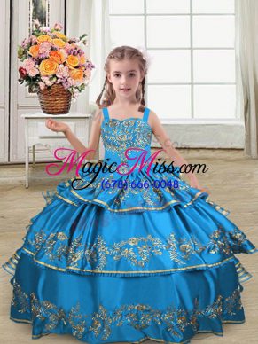 Blue Ball Gowns Embroidery and Ruffled Layers Pageant Dress Wholesale Lace Up Satin Sleeveless Floor Length