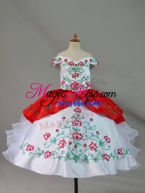 White And Red Satin and Organza Lace Up Off The Shoulder Sleeveless Floor Length Little Girls Pageant Dress Embroidery and Ruffles