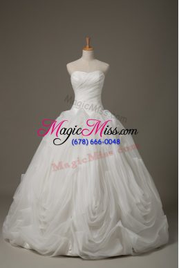 White Bridal Gown Wedding Party with Ruching Sweetheart Sleeveless Brush Train Lace Up