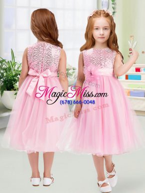 Sleeveless Tea Length Sequins and Hand Made Flower Zipper Flower Girl Dresses with Rose Pink