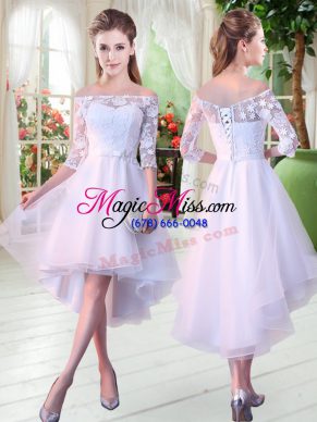 Luxury White Prom Party Dress Prom and Party with Appliques Off The Shoulder Half Sleeves Lace Up