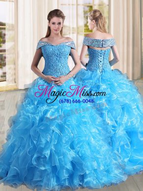 Baby Blue Sleeveless Beading and Lace and Ruffles Lace Up Ball Gown Prom Dress