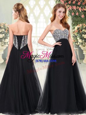 Fantastic Black A-line Tulle Sweetheart Sleeveless Beading Floor Length Lace Up Prom Gown