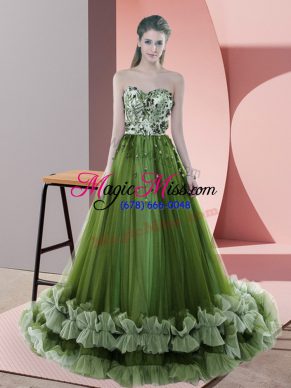 Sweetheart Sleeveless Prom Evening Gown Sweep Train Beading and Appliques Green Tulle