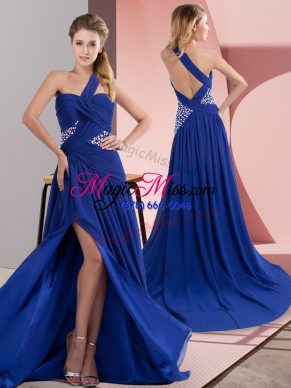 Elegant Royal Blue Sleeveless Sweep Train Beading and Ruching Prom Dresses