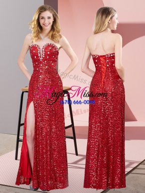 Red Sequined Lace Up Sweetheart Sleeveless Floor Length Prom Dresses Beading and Lace