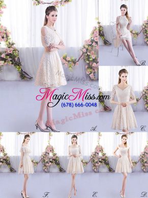 Shining Champagne Lace Up Quinceanera Dama Dress Short Sleeves Mini Length Lace