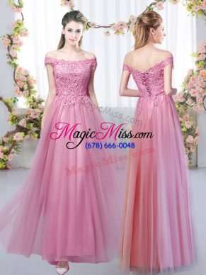 Glittering Off The Shoulder Sleeveless Bridesmaid Gown Floor Length Lace Pink Tulle