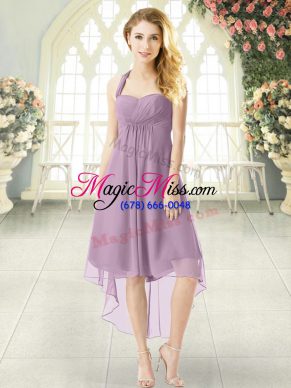 Halter Top Sleeveless Prom Dresses High Low Ruching Purple Chiffon