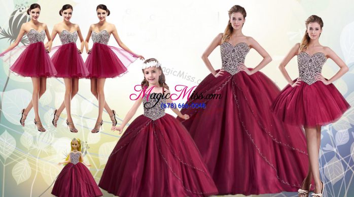 Glittering Sweetheart Sleeveless Lace Up Quinceanera Gown Red Tulle