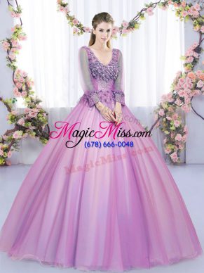 V-neck Long Sleeves Lace Up Vestidos de Quinceanera Lilac Tulle