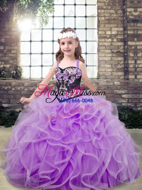 Best Lavender Ball Gowns Embroidery and Ruffles Pageant Dress for Womens Lace Up Tulle Sleeveless Floor Length