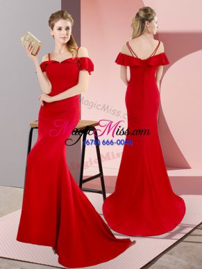 Decent Sweep Train Mermaid Evening Wear Red Straps Satin Sleeveless Lace Up