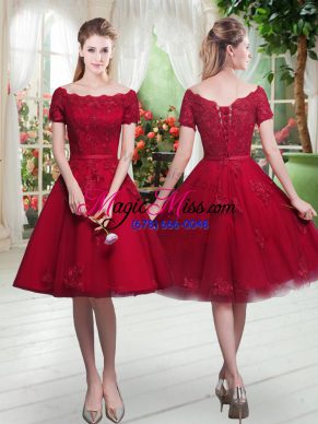 Modest Wine Red Short Sleeves Knee Length Appliques Lace Up Prom Dress