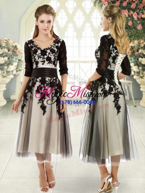 High End Black A-line V-neck Half Sleeves Tulle Tea Length Lace Up Appliques Dress for Prom