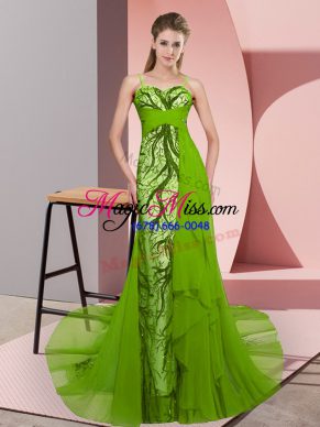 Cute Green Sleeveless Sweep Train Beading and Lace Prom Dresses