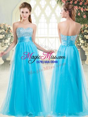 Sleeveless Floor Length Beading Lace Up Evening Dress with Aqua Blue