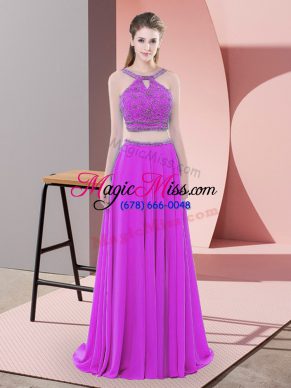 Ideal Purple Two Pieces Straps Sleeveless Chiffon Sweep Train Backless Beading Evening Dress