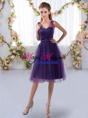 Luxurious Knee Length Purple Bridesmaid Gown V-neck Sleeveless Zipper