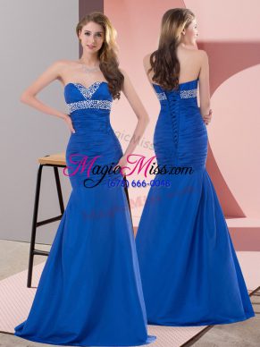Blue Lace Up Dress for Prom Beading and Ruching Sleeveless Floor Length
