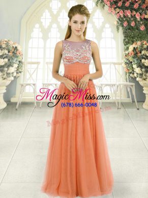Floor Length Orange Dress for Prom Tulle Sleeveless Beading