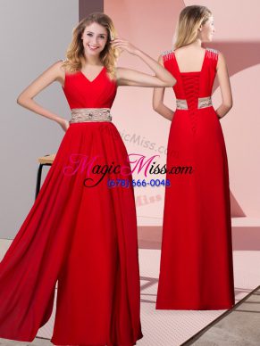 Floor Length Red Evening Dress V-neck Sleeveless Lace Up