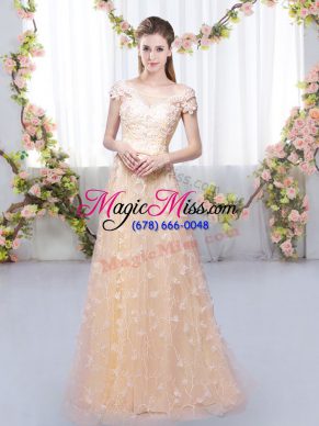 Exceptional Off The Shoulder Cap Sleeves Quinceanera Dama Dress Floor Length Appliques Peach Tulle