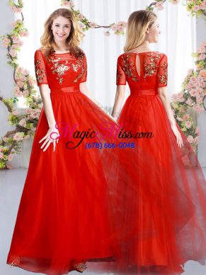 Red Short Sleeves Tulle Zipper Wedding Party Dress for Prom and Party and Wedding Party