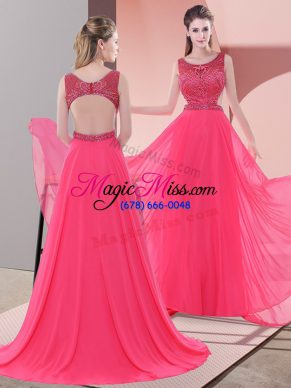 Elegant A-line Sleeveless Coral Red Evening Dress Sweep Train Backless