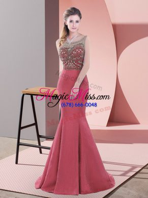Luxury Sleeveless Satin Sweep Train Backless in Red with Beading