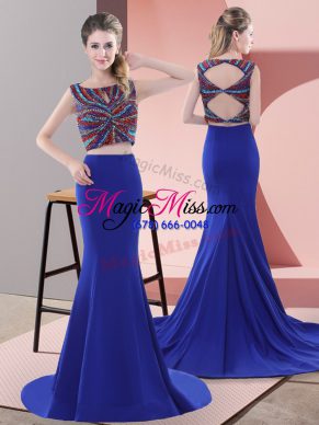 Superior Satin Scoop Sleeveless Sweep Train Lace Up Beading Formal Evening Gowns in Royal Blue