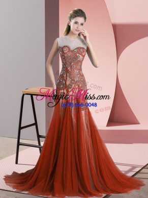 Enchanting Rust Red Sleeveless Sweep Train Beading Prom Evening Gown