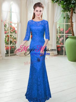 Royal Blue Mermaid Scoop Half Sleeves Floor Length Zipper Lace Prom Gown