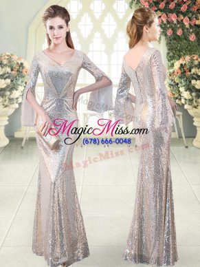 Floor Length Silver Sequined Long Sleeves Ruching