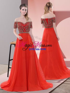 Wonderful Sweep Train A-line Prom Gown Red Off The Shoulder Short Sleeves Lace Up