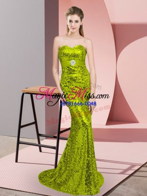 Deluxe Belt Evening Dress Apple Green Lace Up Sleeveless Sweep Train