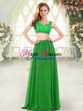 Two Pieces Evening Outfits Green Straps Chiffon Sleeveless Floor Length Zipper