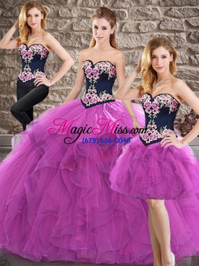 Cute Purple Three Pieces Beading and Embroidery Vestidos de Quinceanera Lace Up Tulle Sleeveless Floor Length