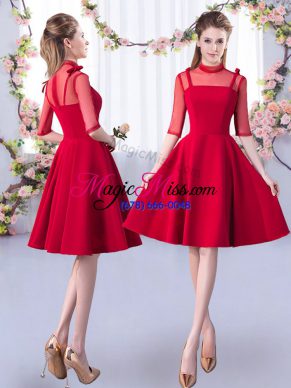 Pretty Red A-line Satin High-neck Half Sleeves Ruching Knee Length Zipper Quinceanera Court of Honor Dress